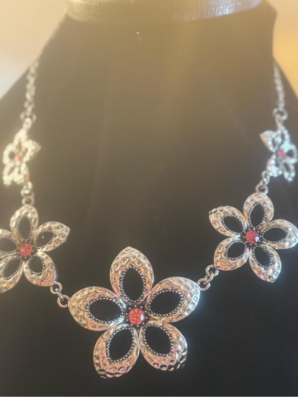 Floral Statement Necklace with Black Petals and pink Centers